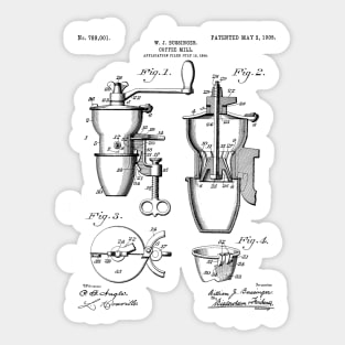 Coffee Mill Patent - Coffee Shop Art - Black And White Sticker